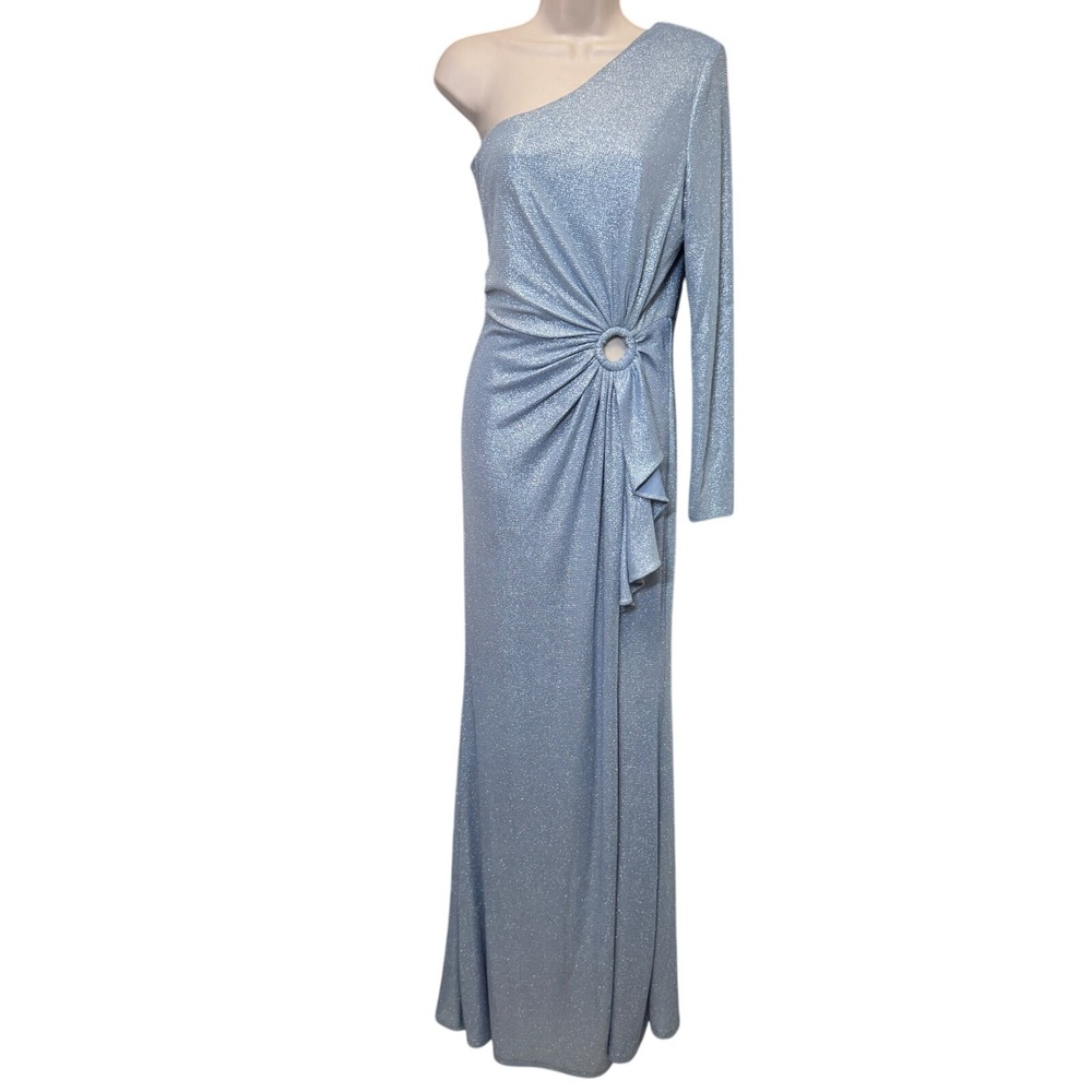 Dress The Population Summer Ice Blue Gown M One Shoulder Metallic Formal Gla